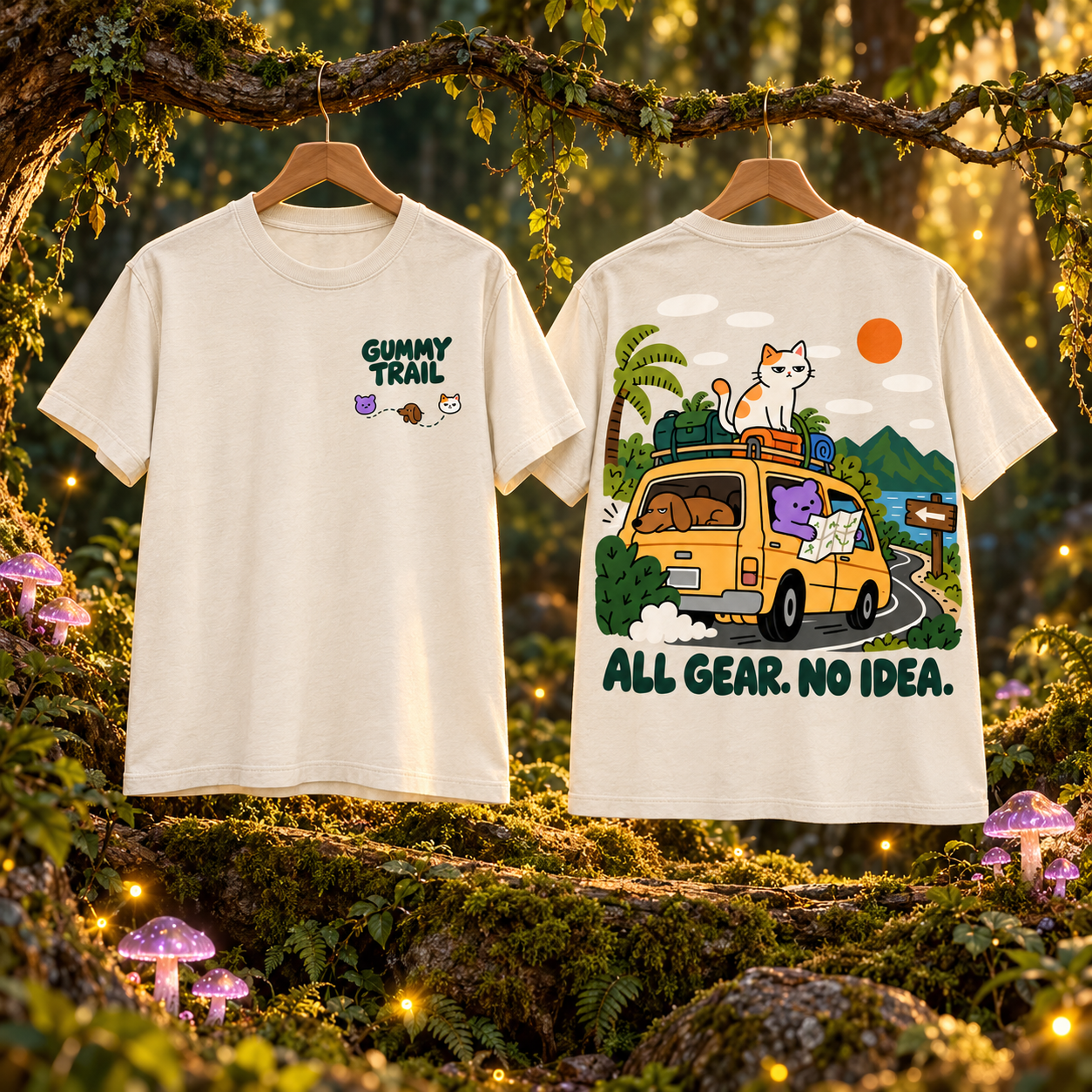 Warm cream All Gear No Idea graphic tee, front and back