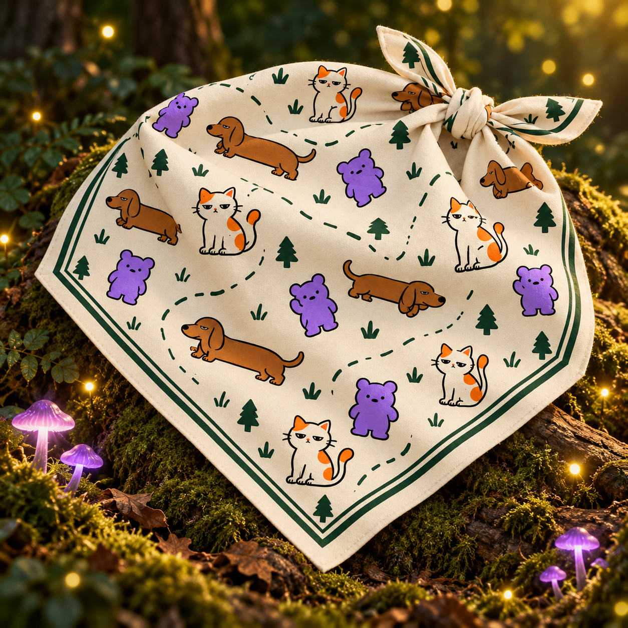Warm cream trail bandana patterned with Gumbo, Dobbo and Mimo
