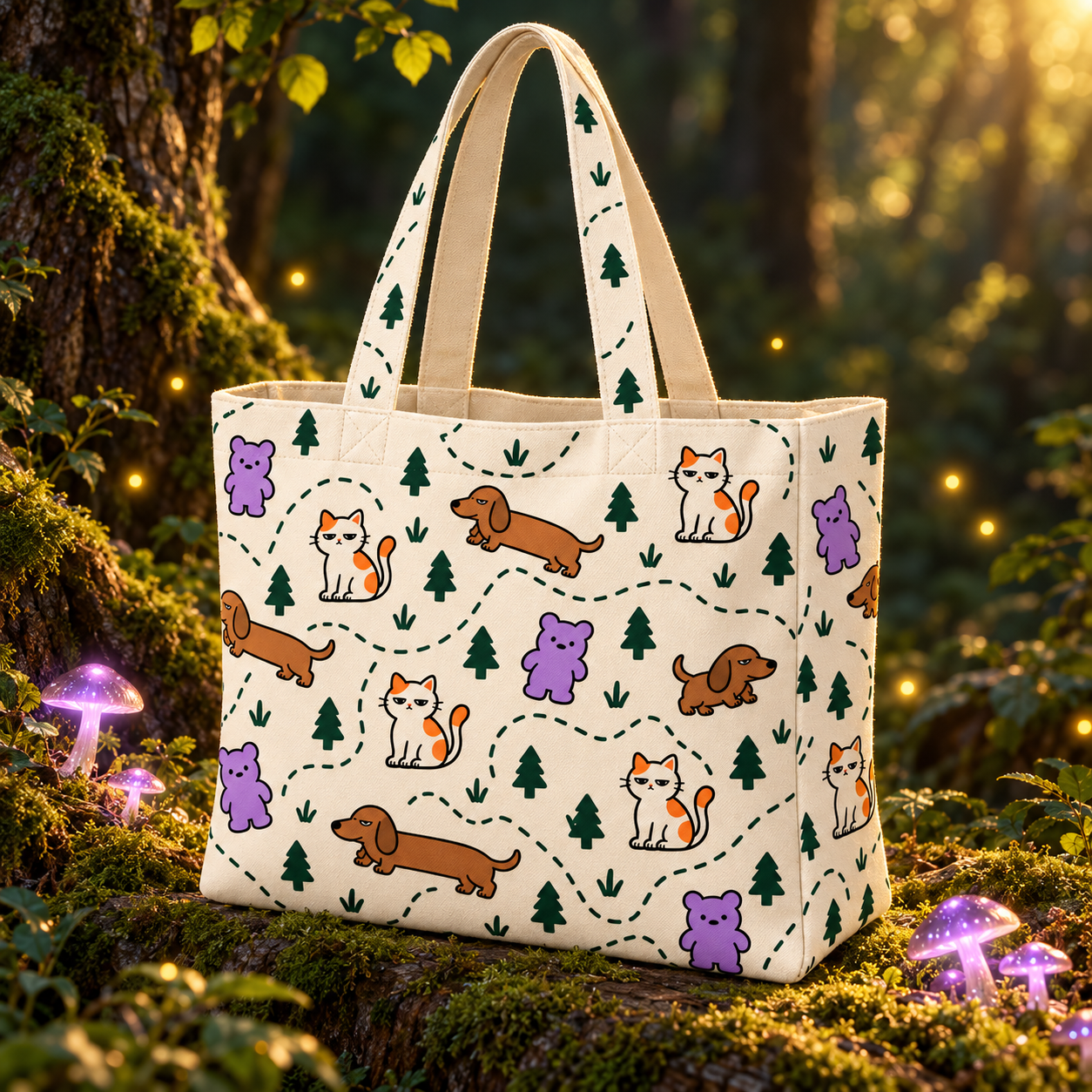 Warm cream trail tote patterned with Gumbo, Dobbo and Mimo